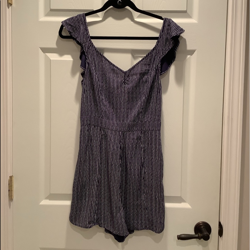 Blue with white stripes romper.